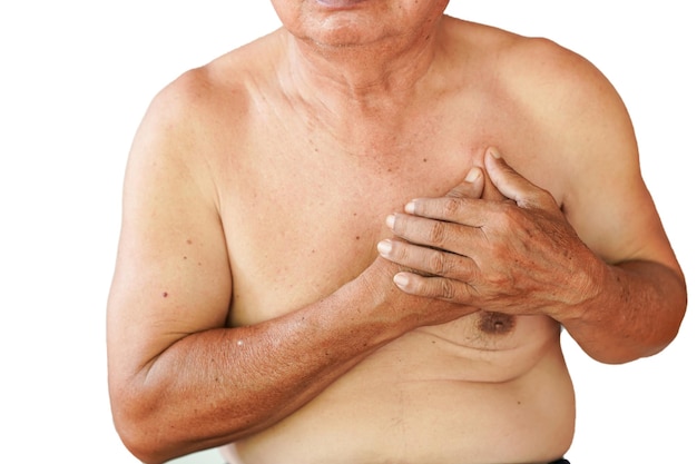 Chest pain in an elderly man with an underlying medical condition such as heart.