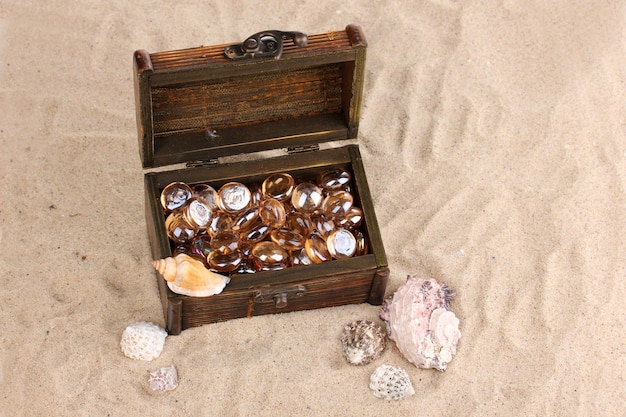 Photo chest and seashells on sand