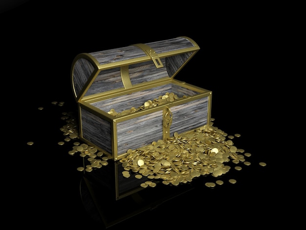 Chest with gold coins on black background