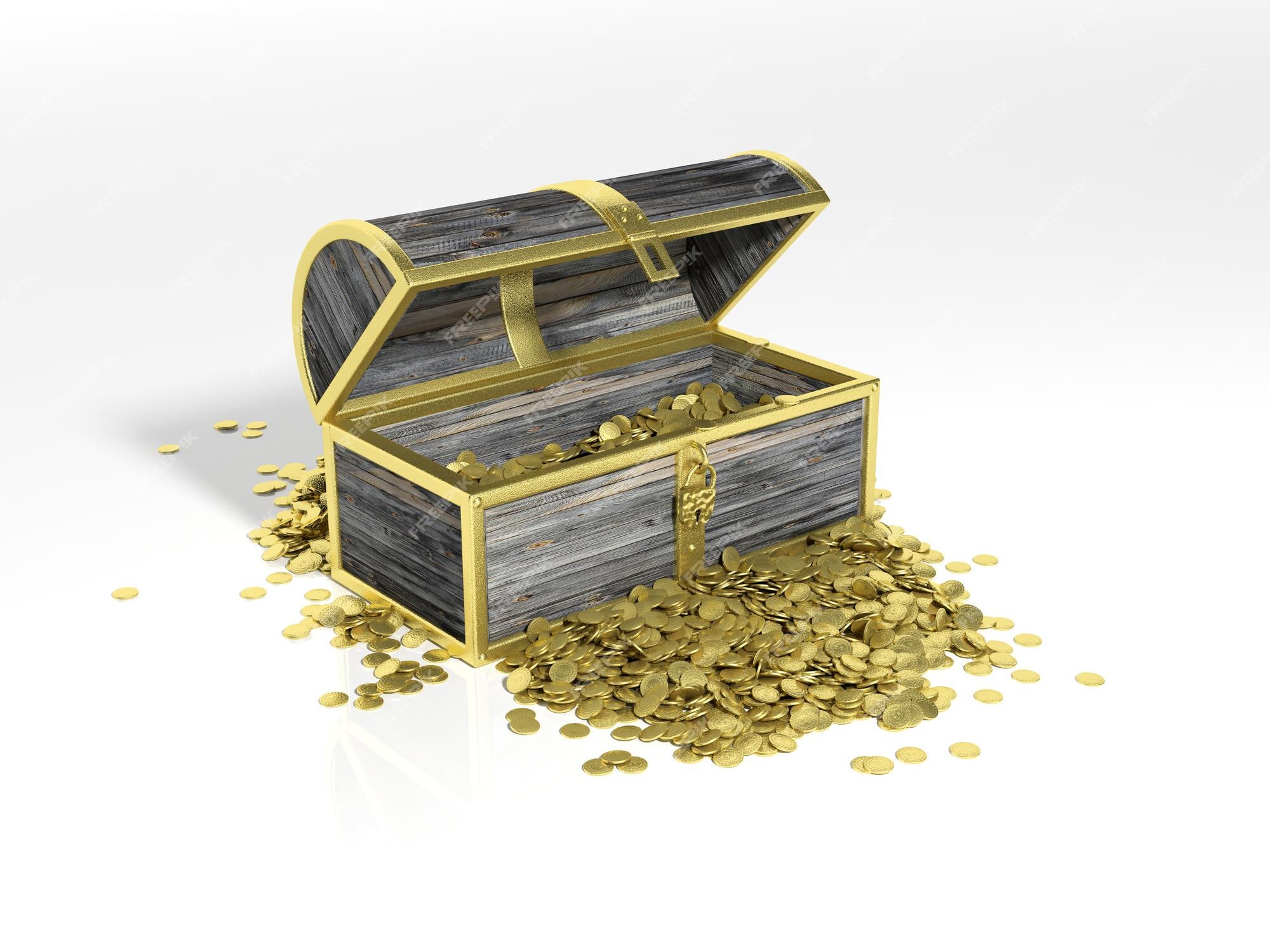 Open treasure chest with gold coins isolated on white Stock Photo