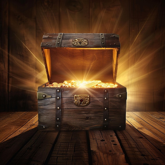 a chest with a shield and a barrel of gold coins on top of it