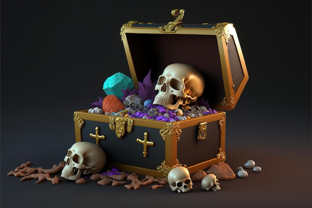 Chest with treasure and skulls on dark background