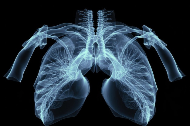 Фото Рентгеновское изображение грудной клетки декстрокардии и обратного места пациента, которое продемонстрировало сердце, легкие, ребра и мышцы, выглядит как четкая пленка для диагностики от рентгенологов в больнице.