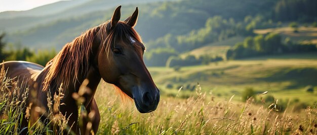 Chestnut Horse in the Early Morning Meadow