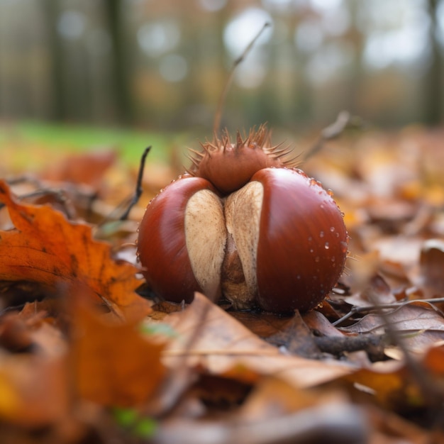 A chestnut sits on the ground with the leaves on the ground and the leaves are turning brown.