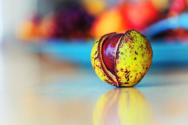 Chestnut on a table with its reflection and beautiful bokeh