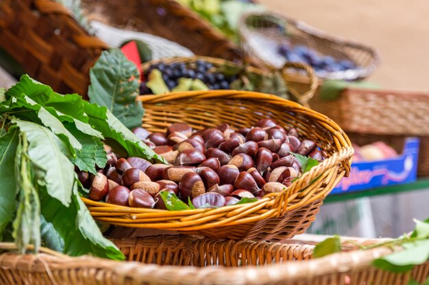 Chestnuts in basket for sale at market