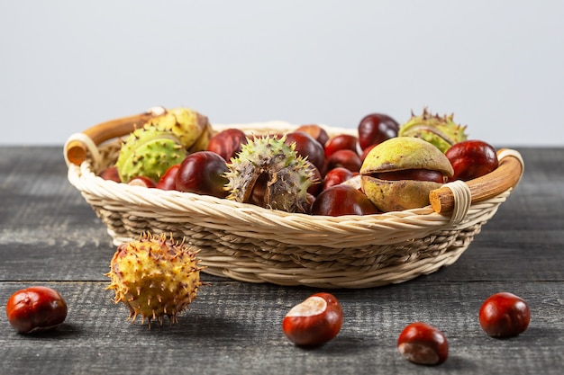 Photo chestnuts in a basket on a wooden background.