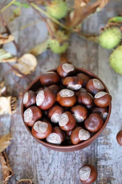 Chestnuts in a bowl on a wooden table