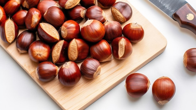 Chestnuts on a cutting board on a white background