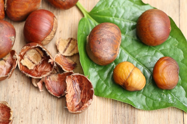 chestnuts seed on wood