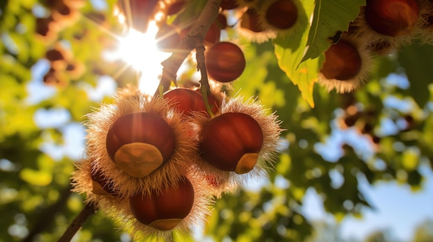 Chestnuts on a tree in the rays of the setting sun