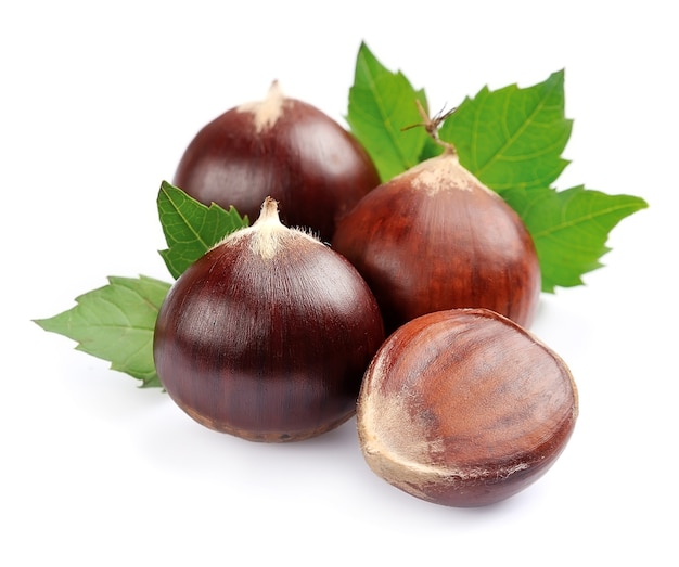 Chestnuts with leafs isolated