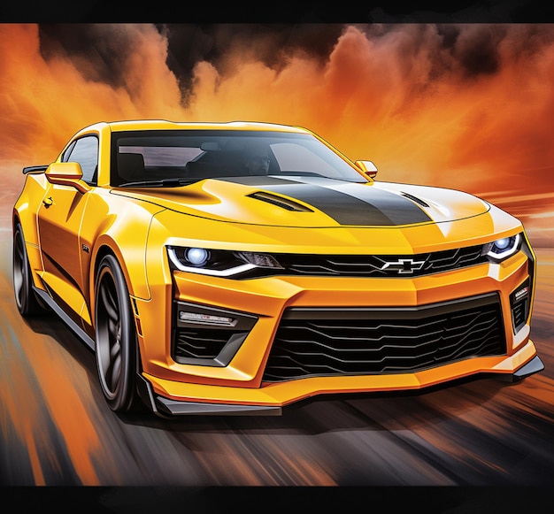 Желтый автомобиль Chevrolet Camaro с черными полосами едет по дороге с генеративным ИИ