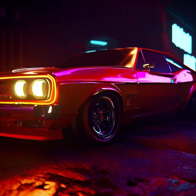 chevy muscle car cyberpunk illustration portrait image wallpaper scene neon background picture