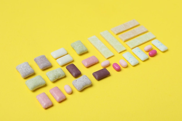 Chewing or bubble gum on yellow background