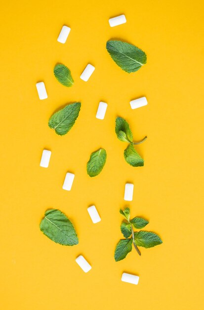 Chewing gum with mint on yellow background