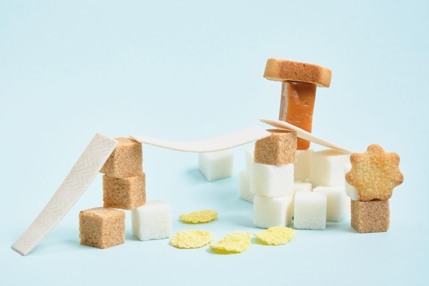 Chewing gums in plates, sweets and sugar on a light blue and yellow background, harm to sugar for teeth concept