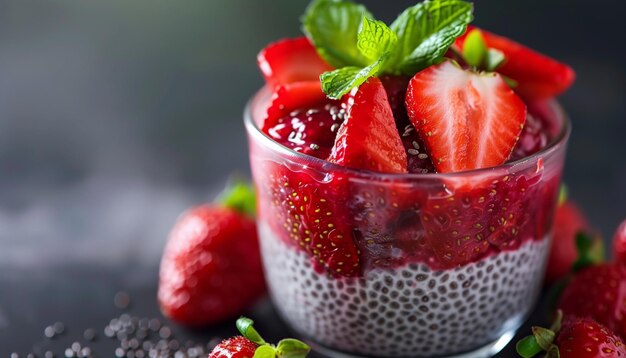 Chia dessert with jam and fresh strawberries