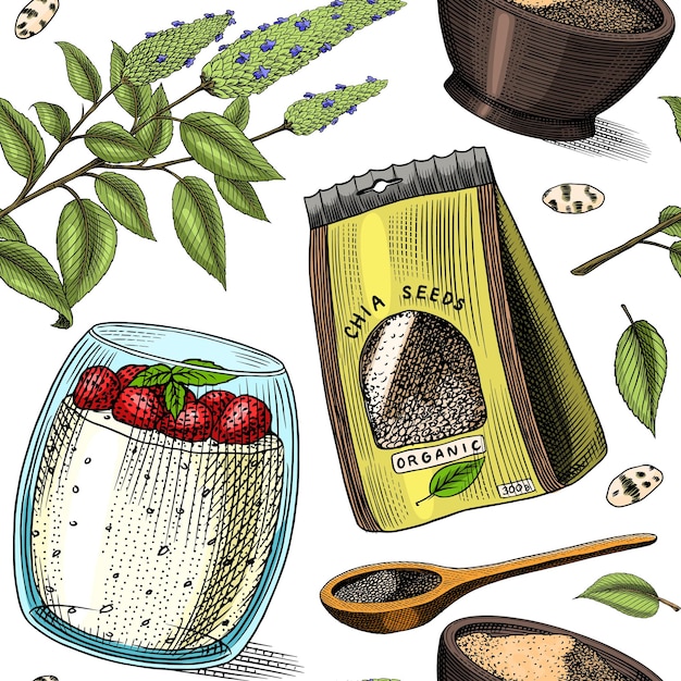 Chia plant en zaden kaart salvia hispanica poster of spandoek spice verpakking houten lepel naadloos