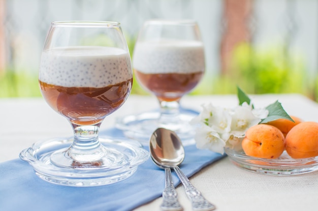 Chia Pudding. Gezond voedsel gemaakt van chiazaad en plantaardige melk met vers fruit puree.