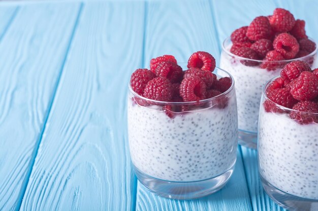 Chia pudding in glass with raspberry Breakfast yogurt