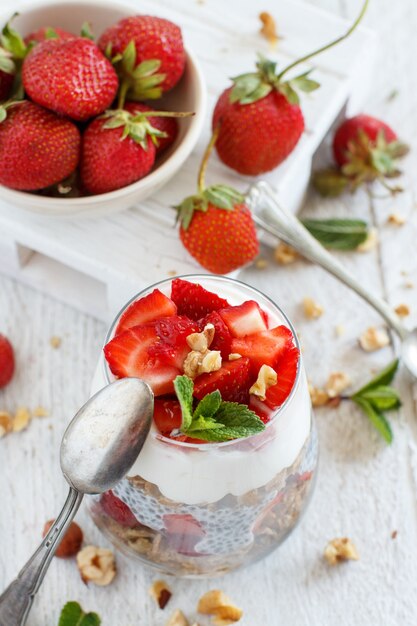 Chia pudding Strawberry parfait with greek yogurt and nuts