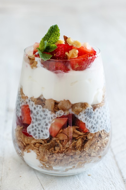 Chia pudding Strawberry parfait with greek yogurt and nuts