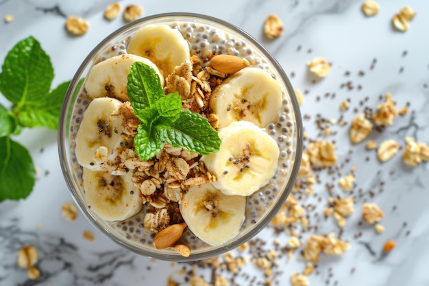 Chia pudding with banana granola and cinnamon healthy breakfast and dinner