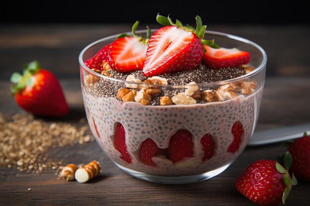 Chia pudding with berries and granola in bowl