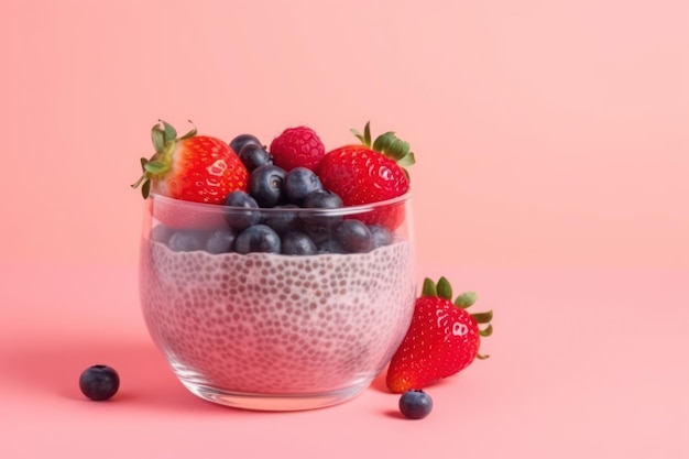 Chia pudding with berries on a pink background