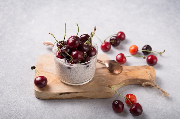 Chia pudding with cherry, natural yogurt.