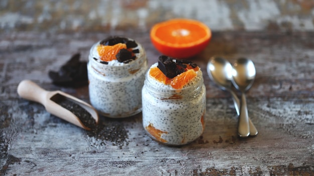 Chia pudding with chocolate and fruit. Healthy breakfast or snack. Keto diet. Keto dessert.