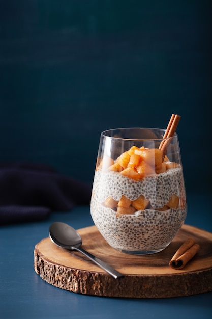 Chia pudding with cinnamon simmered apples and peanut butter