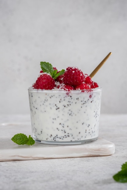 Chia pudding with coconut milk and raspberry