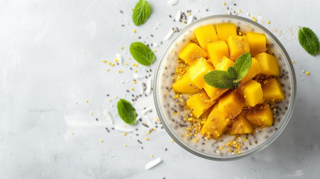 Chia pudding with diced mango and mint on top a healthy and refreshing dessert