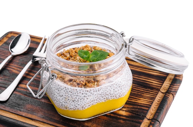 Chia pudding with exotic fruits and granola