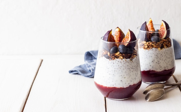 Chia pudding with figs blueberries and granola Healthy eating Vegetarian food Breakfast