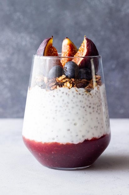 Chia pudding with figs blueberries and granola Healthy eating Vegetarian food Breakfast