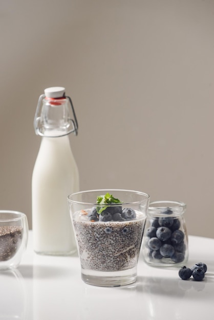 Chia pudding with fresh berries and almond milk. Superfood concept. Vegan, vegetarian and healthy eating diet with organic products