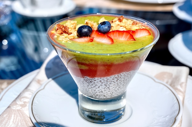 Chia pudding with fruits on a glass