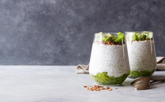 Chia pudding with kiwi and granola Healthy eating Vegetarian food Breakfast