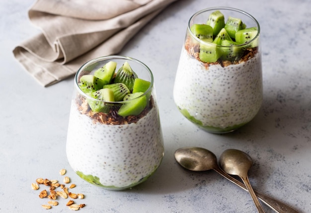 Chia pudding with kiwi and granola Healthy eating Vegetarian food Breakfast