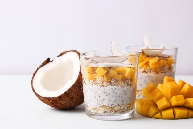 Chia pudding with mango granola and honey healthy dessert proper nutrition