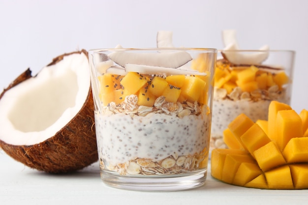 Chia pudding with mango granola and honey healthy dessert proper nutrition