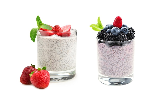 Chia pudding with mint blueberry blackberry on a white background Space for text or design