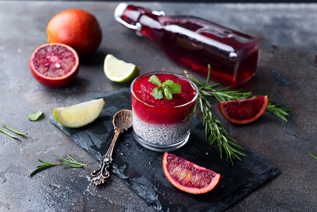 Chia pudding with red berry puree