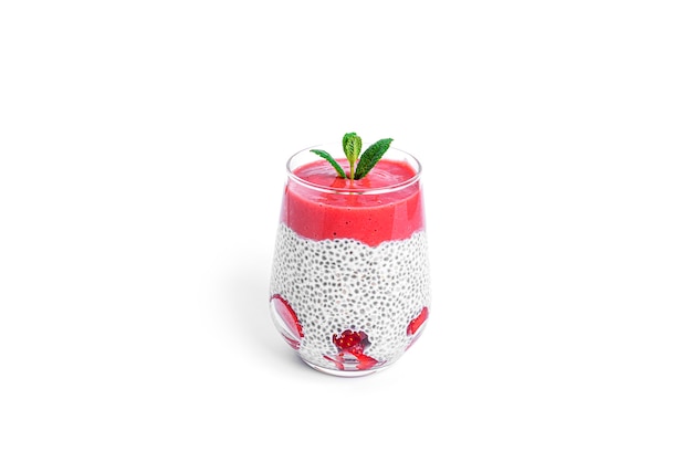 Chia pudding with strawberries isolated. Multilayer healthy dessert. Chia mousse.