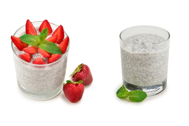 Chia pudding with strawberry and mint on a white background Space for text or design