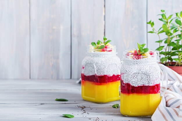 Chia seed pudding in jar with mango. Healthy breakfast. Sweet healthy dessert.